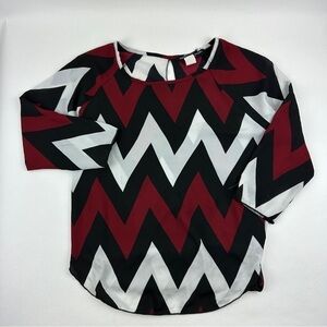 Absolute Angel Blouse Sirt Womens Large Red Black White Chevron Lightweight